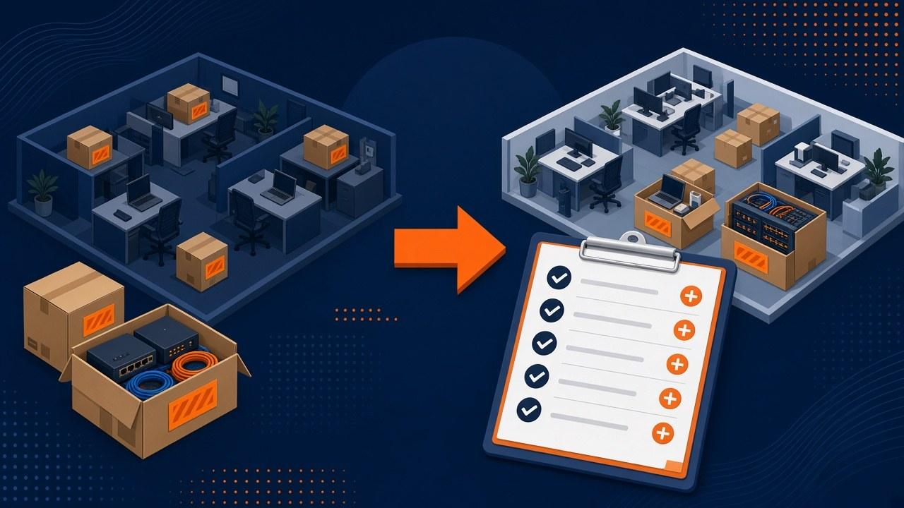 Branded cover showing packed IT equipment and a move checklist for office relocation