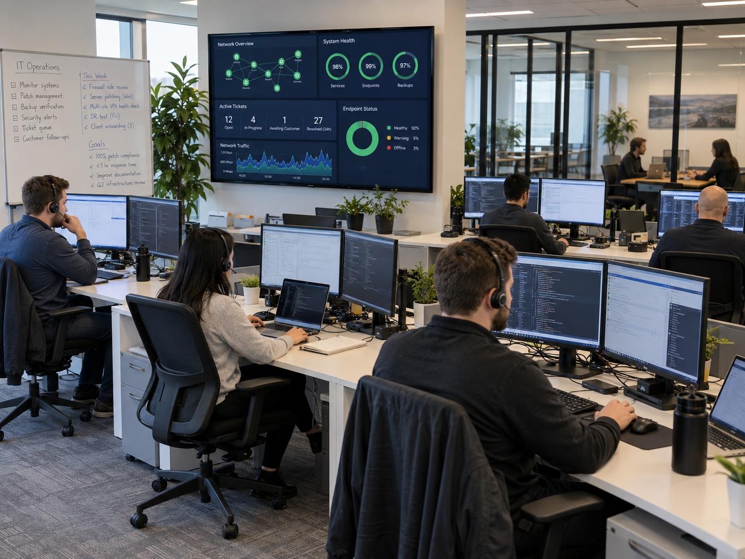 Modern IT operations workspace with monitoring dashboards and technicians at workstations