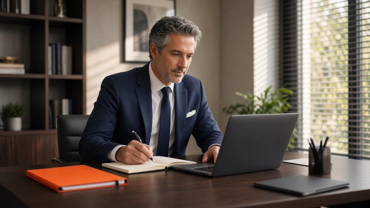 Financial advisor reviewing charts on a laptop in a private office