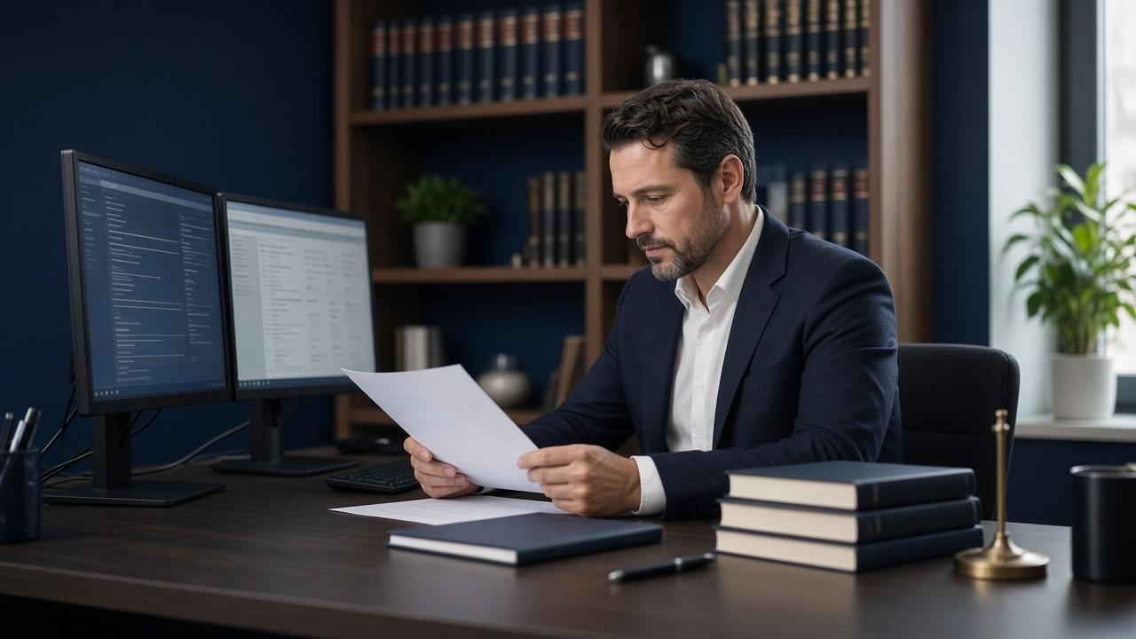 Attorney reviewing documents at a modern law office workstation