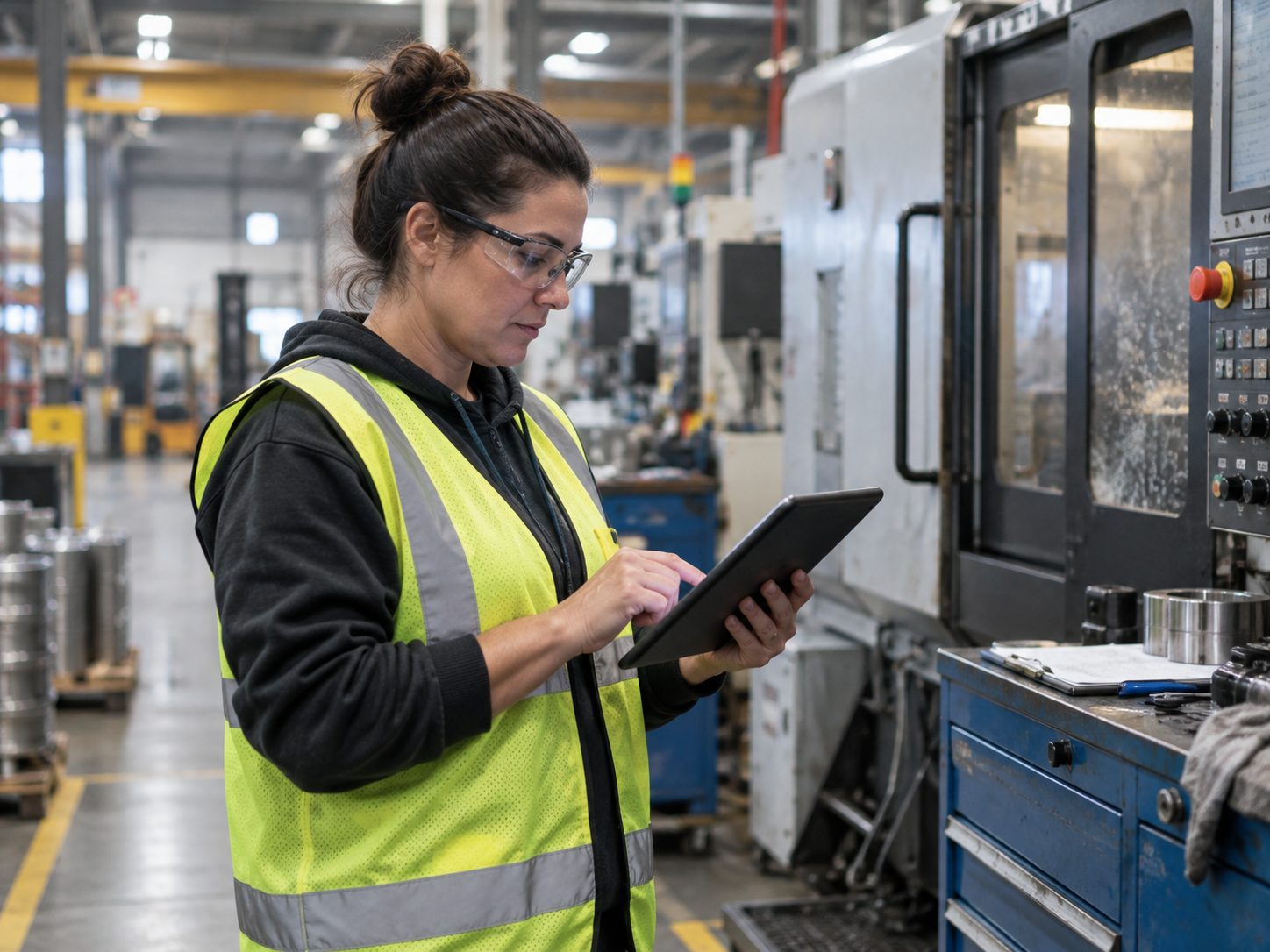 Manufacturing team reviewing systems on a laptop in a plant office