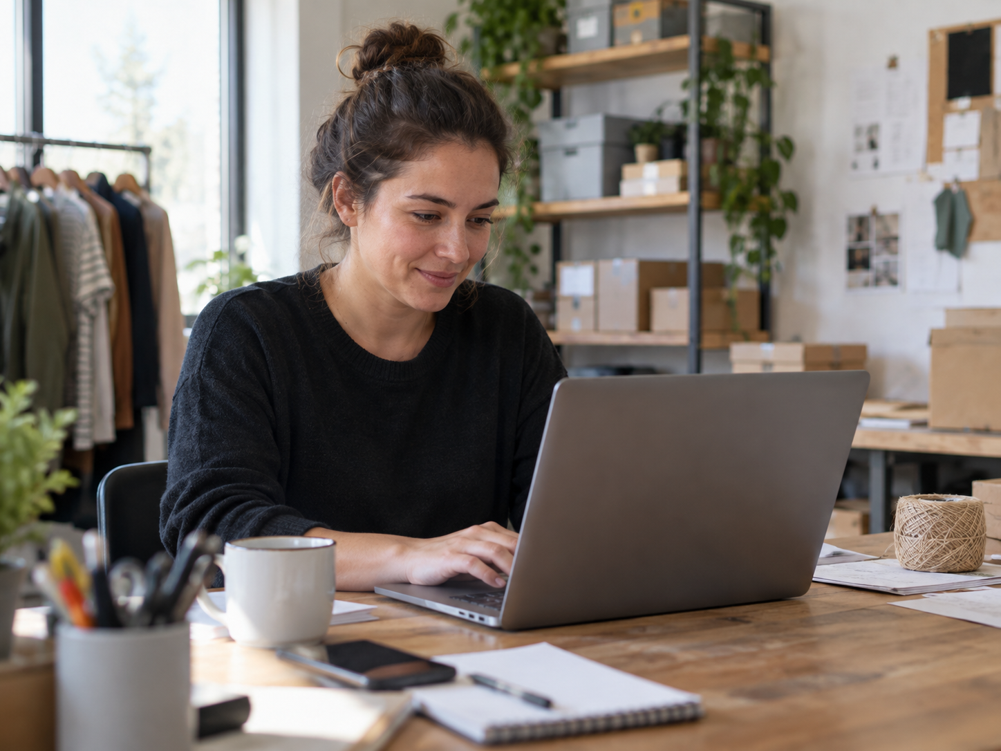 Small-business team working together at laptops in a bright office