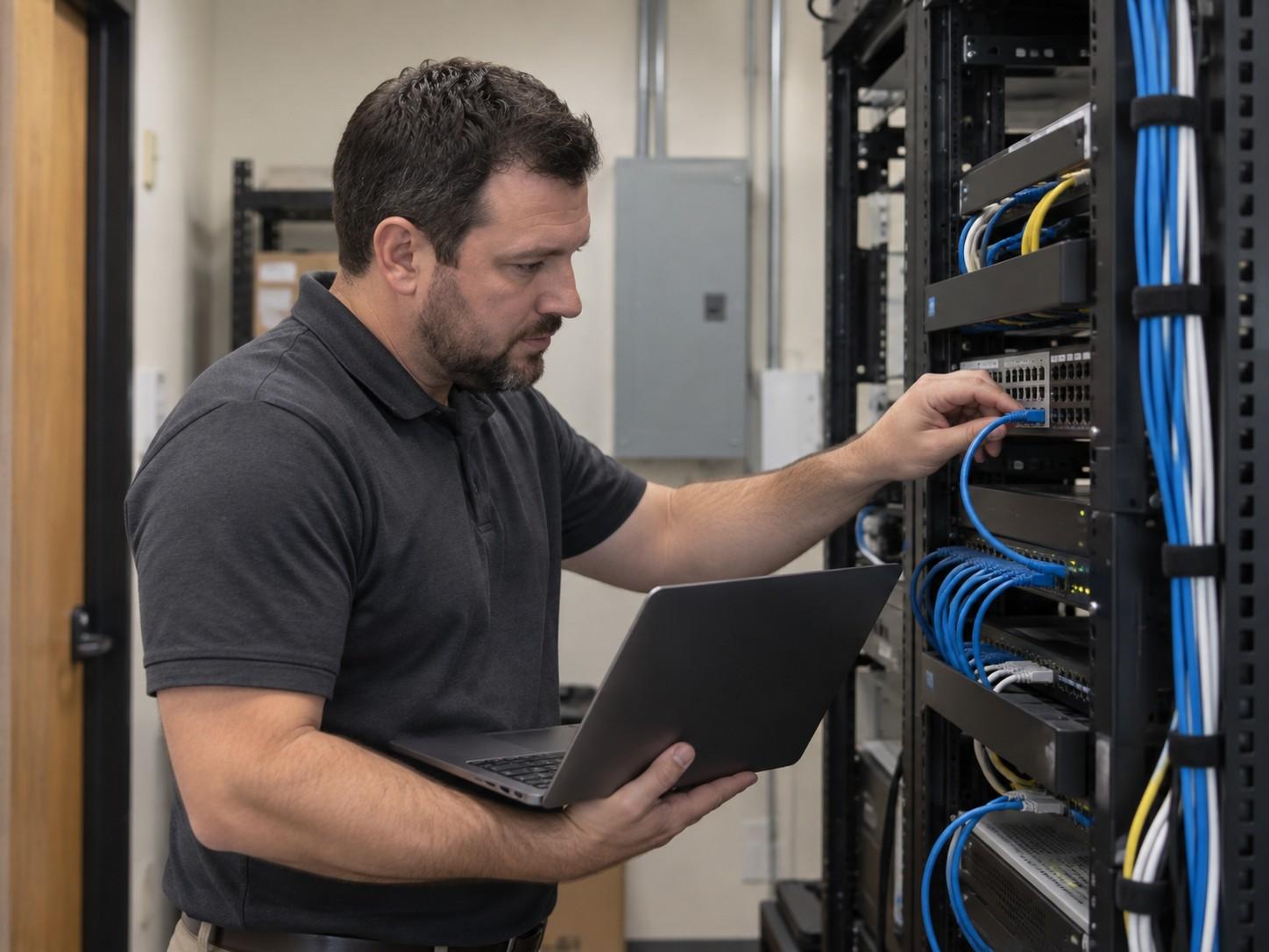 Technician with a laptop connecting ethernet in a network rack