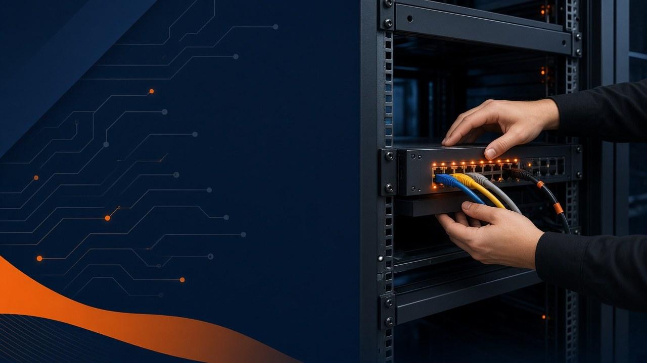 Branded cover showing on-site technician work on a network rack for Smart Hands services
