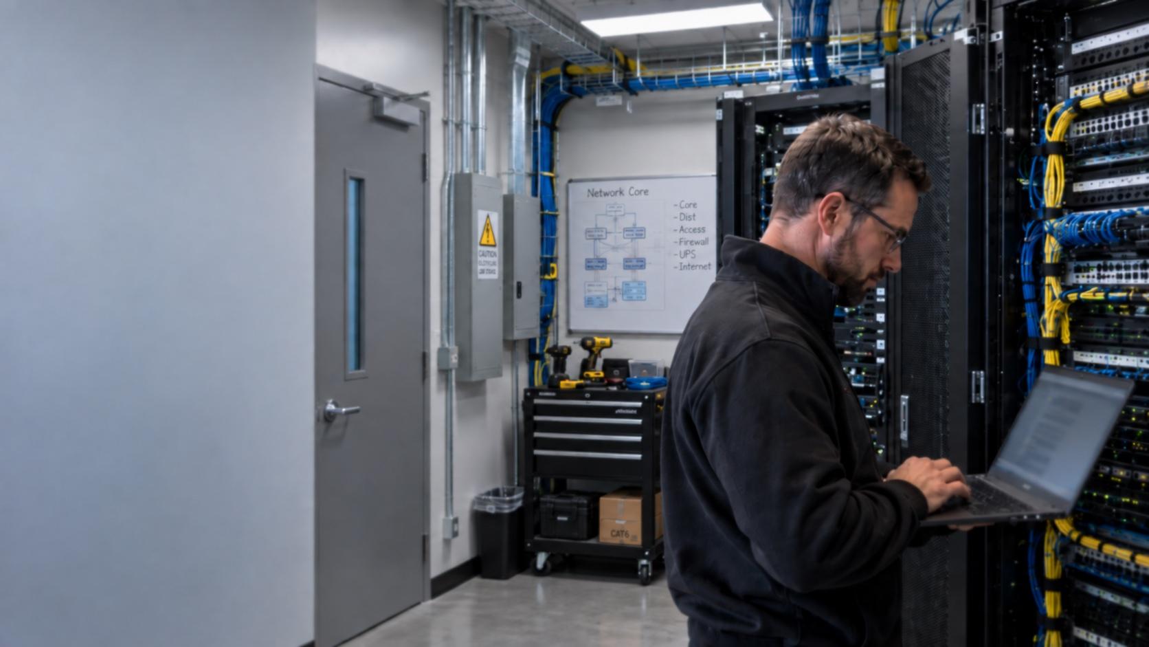 IT technician with a laptop working at a network rack in an office