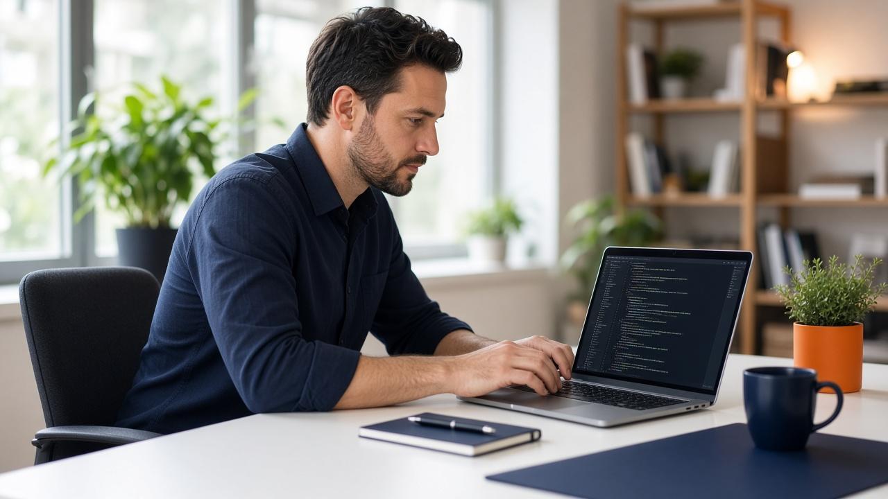 Professional reviewing IT notes on a laptop in a bright office