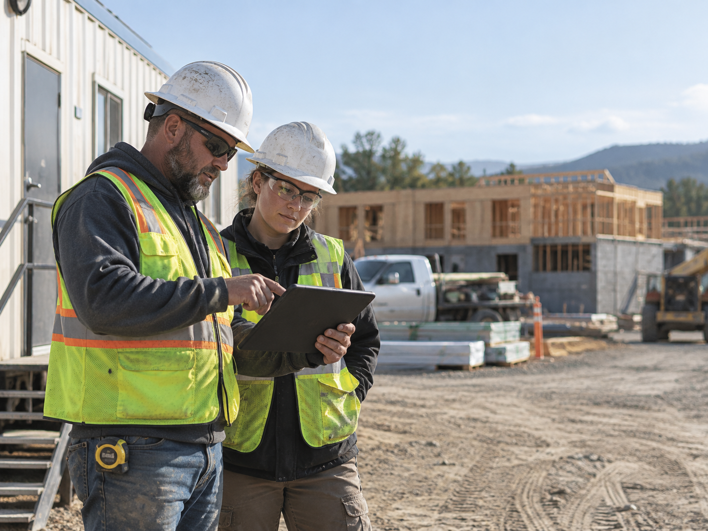 Construction professionals reviewing plans on a laptop at a jobsite