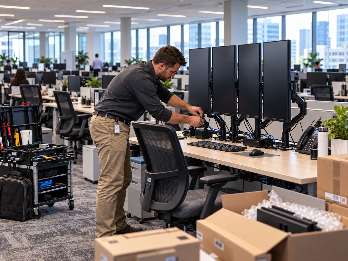 IT technician reconnecting a multi-monitor workstation and organizing cables during an office relocation