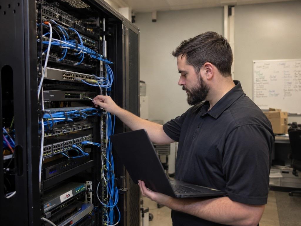 Technician in a black polo holding a laptop and working on cables in a server rack